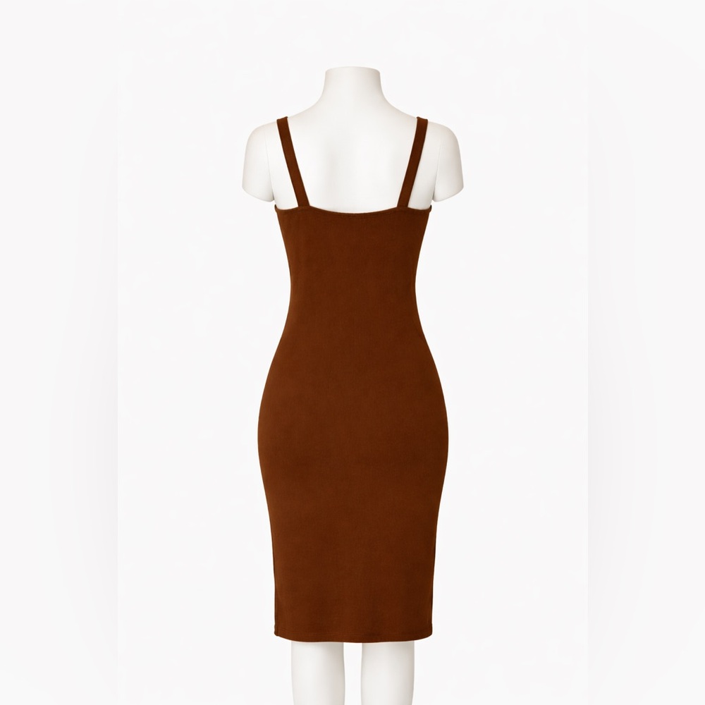 Fashion Nova Brown Button-Front Bodycon Dress | Gold Buttons | Size L - Picture 2 of 3